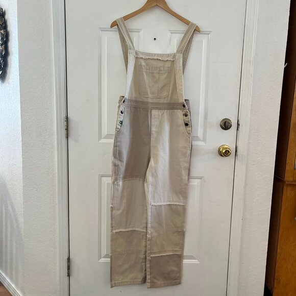 Easel Los Angeles Farmhouse Hippie Festival Tan Denim Patchwork Overalls Sz SM - Picture 1 of 12
